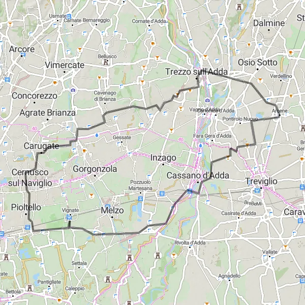 Miniatura della mappa di ispirazione al ciclismo "Giro in bicicletta da Arcene a Brembate" nella regione di Lombardia, Italy. Generata da Tarmacs.app, pianificatore di rotte ciclistiche