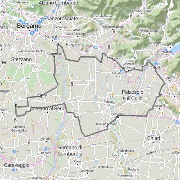 Map miniature of "Grassobbio to Cologno al Serio Loop" cycling inspiration in Lombardia, Italy. Generated by Tarmacs.app cycling route planner