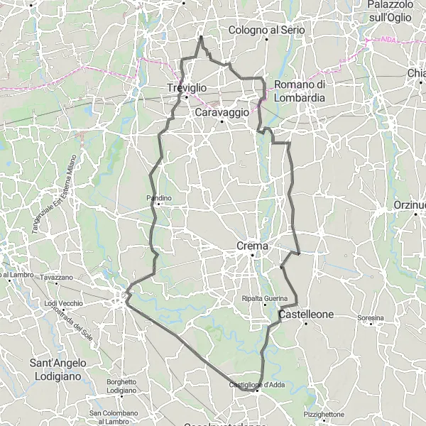 Map miniature of "Arcene to Castel Cerreto via Lodi" cycling inspiration in Lombardia, Italy. Generated by Tarmacs.app cycling route planner