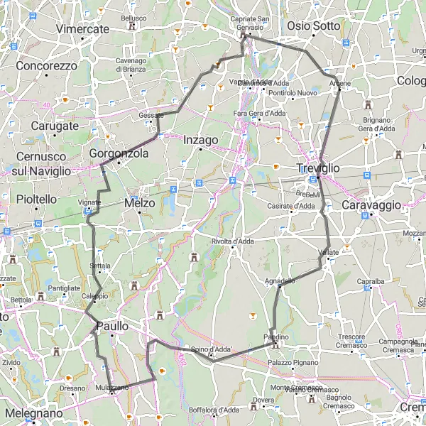 Karttaminiaatyyri "Arcene - Brembate Loop" pyöräilyinspiraatiosta alueella Lombardia, Italy. Luotu Tarmacs.app pyöräilyreittisuunnittelijalla