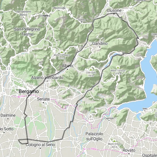 Miniatura della mappa di ispirazione al ciclismo "Salita al Pizzo di Quaglia da Bergamo" nella regione di Lombardia, Italy. Generata da Tarmacs.app, pianificatore di rotte ciclistiche