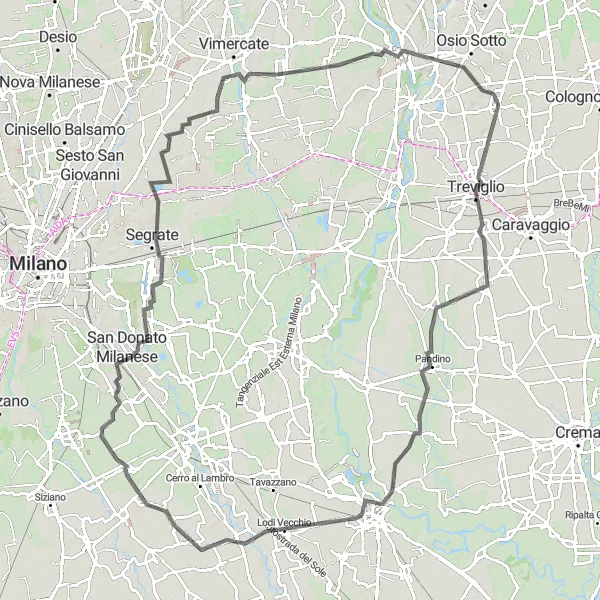 Miniatura della mappa di ispirazione al ciclismo "Rotta ciclabile da Arcene a Brembate attraverso Treviglio" nella regione di Lombardia, Italy. Generata da Tarmacs.app, pianificatore di rotte ciclistiche