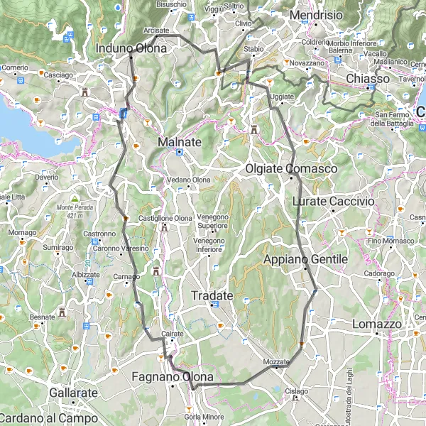 Miniature de la carte de l'inspiration cycliste "Boucle cyclable pittoresque vers Appiano Gentile" dans la Lombardia, Italy. Générée par le planificateur d'itinéraire cycliste Tarmacs.app