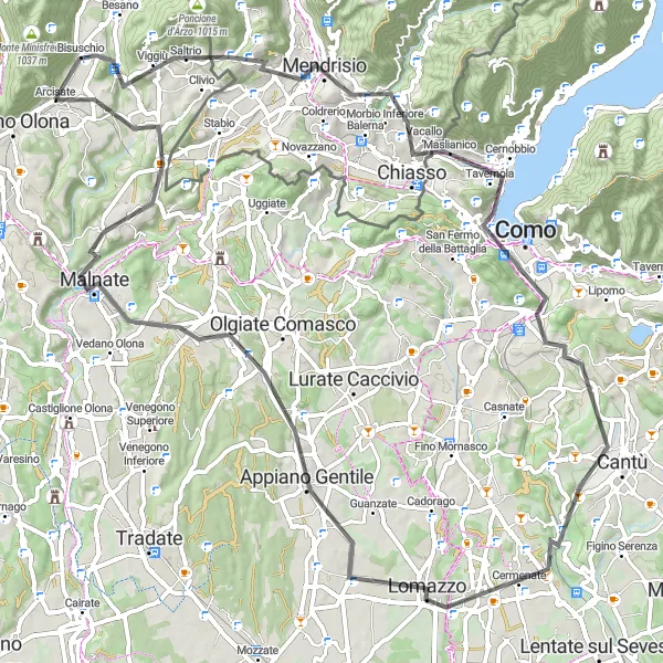 Miniatura della mappa di ispirazione al ciclismo "Giro in bici da Arcisate a Como e Malnate" nella regione di Lombardia, Italy. Generata da Tarmacs.app, pianificatore di rotte ciclistiche