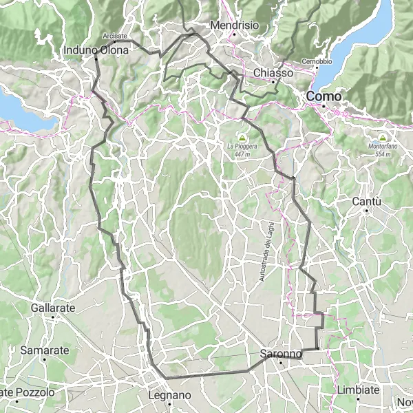 Miniatura della mappa di ispirazione al ciclismo "Giro in bici da Arcisate a Carnago e Monte Monarco" nella regione di Lombardia, Italy. Generata da Tarmacs.app, pianificatore di rotte ciclistiche