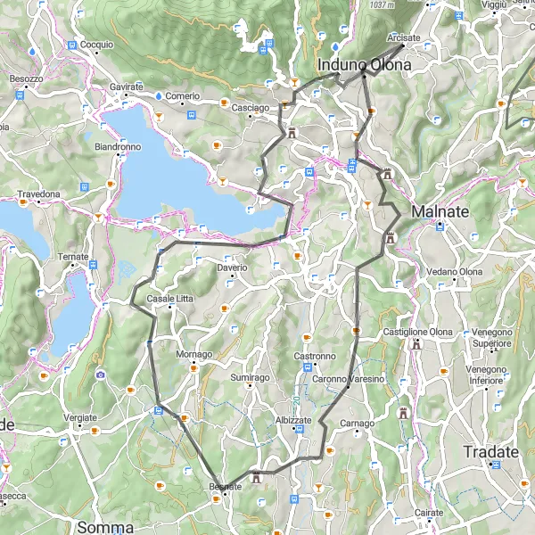 Miniatura della mappa di ispirazione al ciclismo "Giro in bici da Arcisate a Varese e Buguggiate" nella regione di Lombardia, Italy. Generata da Tarmacs.app, pianificatore di rotte ciclistiche