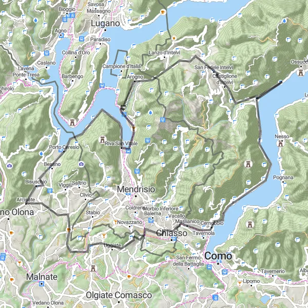 Miniature de la carte de l'inspiration cycliste "Tour cycliste mémorable jusqu'au Lago di Lugano" dans la Lombardia, Italy. Générée par le planificateur d'itinéraire cycliste Tarmacs.app