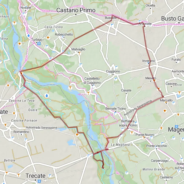 Miniatua del mapa de inspiración ciclista "Aventura en Bicicleta de Grava por Boffalora sopra Ticino y Malvaglio" en Lombardia, Italy. Generado por Tarmacs.app planificador de rutas ciclistas