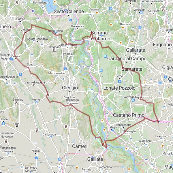 Miniatura della mappa di ispirazione al ciclismo "Gravel tra Arconate e Samarate" nella regione di Lombardia, Italy. Generata da Tarmacs.app, pianificatore di rotte ciclistiche