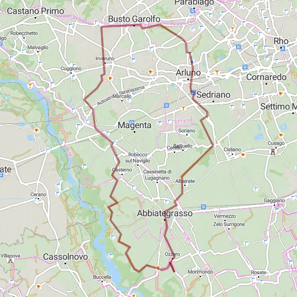 Miniatura della mappa di ispirazione al ciclismo "Tour gravel da Arluno a Inveruno" nella regione di Lombardia, Italy. Generata da Tarmacs.app, pianificatore di rotte ciclistiche