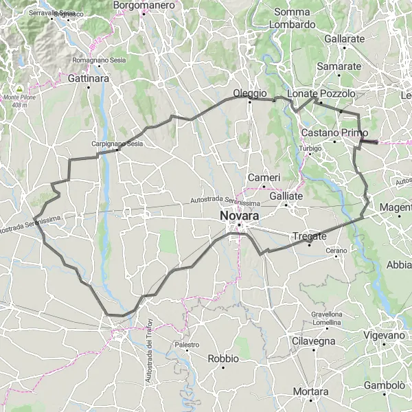 Miniatua del mapa de inspiración ciclista "Desafío en Bicicleta de Carretera por Cuggiono, Trecate y Fara Novarese" en Lombardia, Italy. Generado por Tarmacs.app planificador de rutas ciclistas
