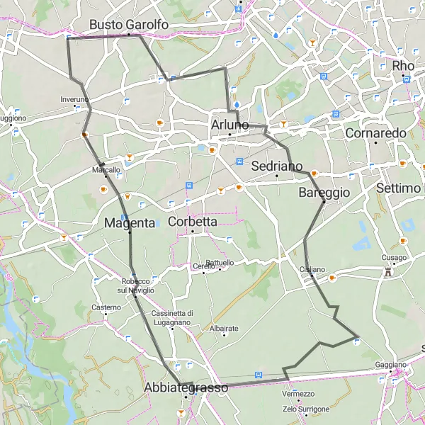 Mapa miniatúra "Trasa cez Arluno, Bareggio, Abbiategrasso, Magenta a Inveruno" cyklistická inšpirácia v Lombardia, Italy. Vygenerované cyklistickým plánovačom trás Tarmacs.app