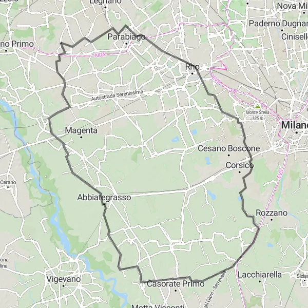 Mapa miniatúra "Trasa cez Parabiago, Binasco, Abbiategrasso a Mesero" cyklistická inšpirácia v Lombardia, Italy. Vygenerované cyklistickým plánovačom trás Tarmacs.app