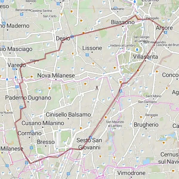 Mapa miniatúra "Gravel Tour Monza - Biassono" cyklistická inšpirácia v Lombardia, Italy. Vygenerované cyklistickým plánovačom trás Tarmacs.app