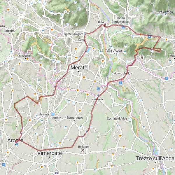 Karten-Miniaturansicht der Radinspiration "Herausfordernde Gravel-Strecke um Arcore" in Lombardia, Italy. Erstellt vom Tarmacs.app-Routenplaner für Radtouren