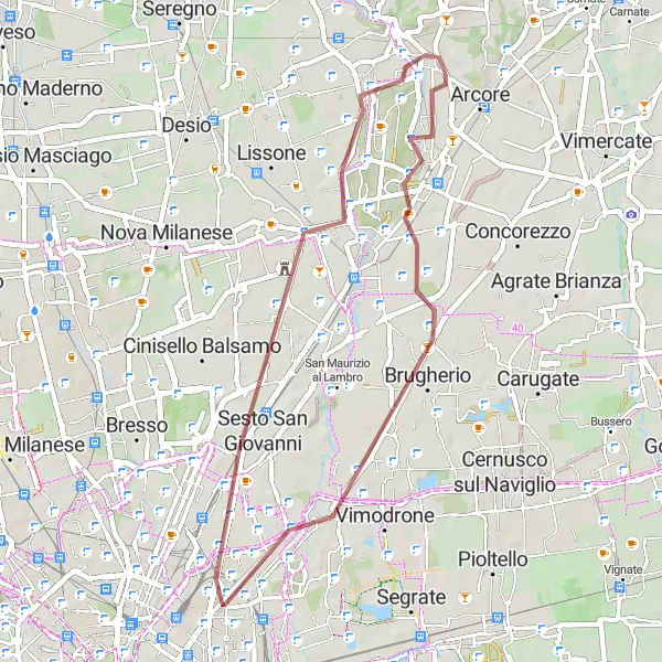 Miniatua del mapa de inspiración ciclista "Ruta de grava por Cologno Monzese" en Lombardia, Italy. Generado por Tarmacs.app planificador de rutas ciclistas