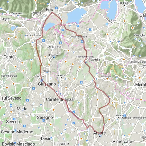 Miniatuurkaart van de fietsinspiratie "Gravel avontuur van Arcore naar Casatenovo en terug" in Lombardia, Italy. Gemaakt door de Tarmacs.app fietsrouteplanner