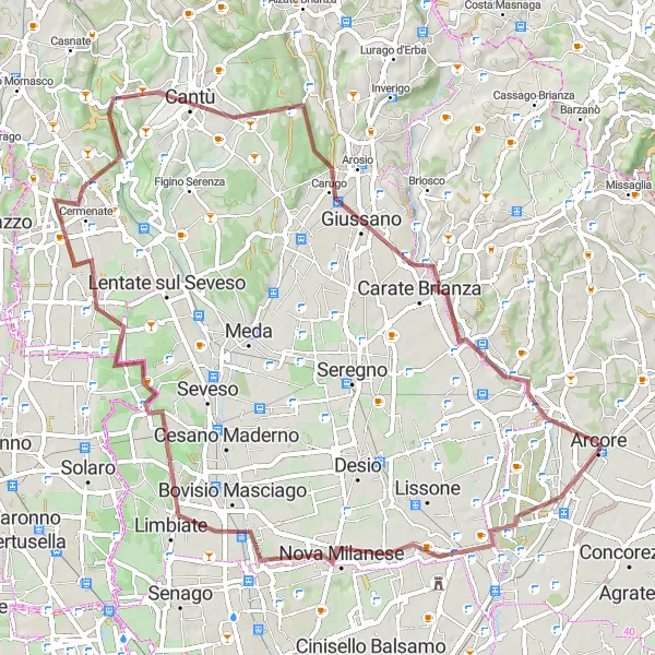 Miniaturní mapa "Gravel Tour kolem Muggiò" inspirace pro cyklisty v oblasti Lombardia, Italy. Vytvořeno pomocí plánovače tras Tarmacs.app