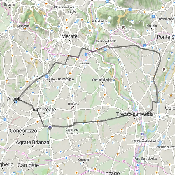 Kartminiatyr av "Landeveisrunde fra Arcore gjennom Bonate Sotto" sykkelinspirasjon i Lombardia, Italy. Generert av Tarmacs.app sykkelrutoplanlegger
