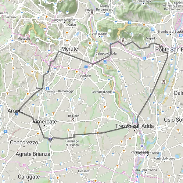 Kartminiatyr av "Rundtur på landevei fra Arcore til Robbiate" sykkelinspirasjon i Lombardia, Italy. Generert av Tarmacs.app sykkelrutoplanlegger