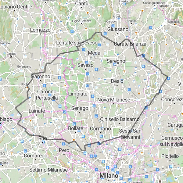 Miniatura della mappa di ispirazione al ciclismo "Giro in bicicletta Monza-Affori-Barbaiana-Lazzate-Triuggio" nella regione di Lombardia, Italy. Generata da Tarmacs.app, pianificatore di rotte ciclistiche
