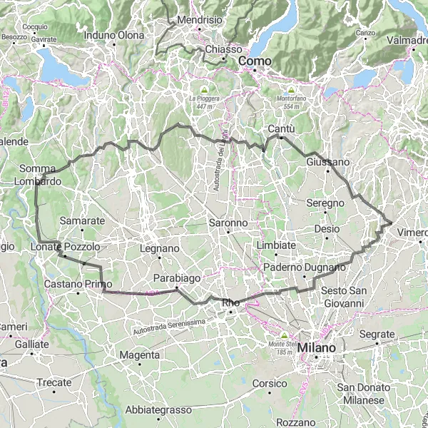 Miniature de la carte de l'inspiration cycliste "Parcours panoramique à vélo près d'Arcore" dans la Lombardia, Italy. Générée par le planificateur d'itinéraire cycliste Tarmacs.app