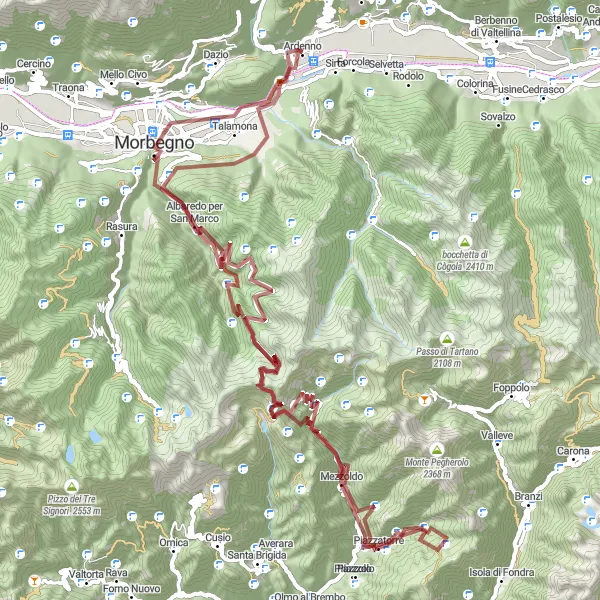 Kartminiatyr av "Oppdag grusveiene i Valtellina" sykkelinspirasjon i Lombardia, Italy. Generert av Tarmacs.app sykkelrutoplanlegger