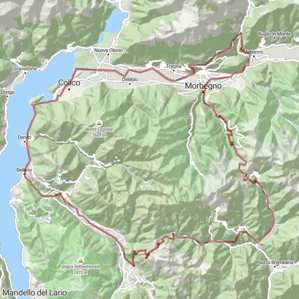 Miniatua del mapa de inspiración ciclista "Ruta de gravilla alrededor de Ardenno" en Lombardia, Italy. Generado por Tarmacs.app planificador de rutas ciclistas