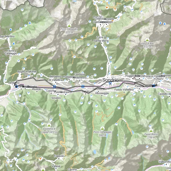 Kartminiatyr av "Panoramavyer på landsväg runt Ardenno" cykelinspiration i Lombardia, Italy. Genererad av Tarmacs.app cykelruttplanerare