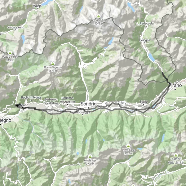 Miniatura della mappa di ispirazione al ciclismo "Avventura in Bici tra Valtellina e Campocologno" nella regione di Lombardia, Italy. Generata da Tarmacs.app, pianificatore di rotte ciclistiche