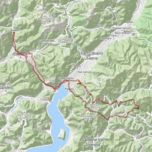 Map miniature of "Gravel Adventure: Ardesio to Passo delle Piazze" cycling inspiration in Lombardia, Italy. Generated by Tarmacs.app cycling route planner