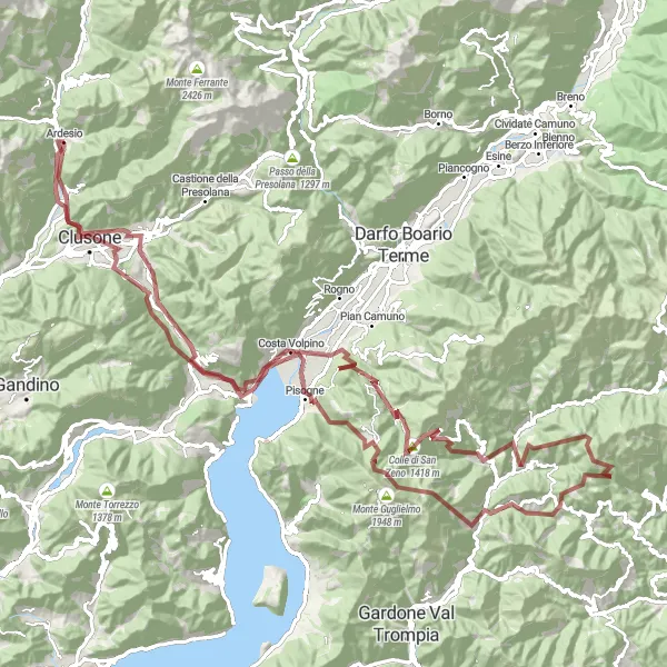 Karttaminiaatyyri "Ardesio - Villa d'Ogna Gravel Loop" pyöräilyinspiraatiosta alueella Lombardia, Italy. Luotu Tarmacs.app pyöräilyreittisuunnittelijalla