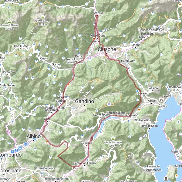 Miniaturní mapa "Gravel cyklostezka okolo Ardesio" inspirace pro cyklisty v oblasti Lombardia, Italy. Vytvořeno pomocí plánovače tras Tarmacs.app