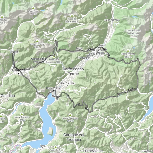 Karten-Miniaturansicht der Radinspiration "Die anspruchsvolle Rundfahrt von Ardesio nach Lovere" in Lombardia, Italy. Erstellt vom Tarmacs.app-Routenplaner für Radtouren