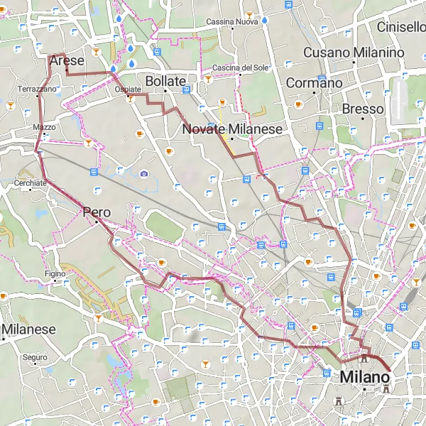 Miniatua del mapa de inspiración ciclista "Desafío de grava en los alrededores de Arese" en Lombardia, Italy. Generado por Tarmacs.app planificador de rutas ciclistas