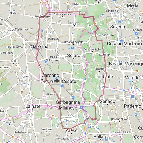 Miniatua del mapa de inspiración ciclista "Ruta de Grava Arese - Rovello Porro - Mombello - Castellazzo" en Lombardia, Italy. Generado por Tarmacs.app planificador de rutas ciclistas