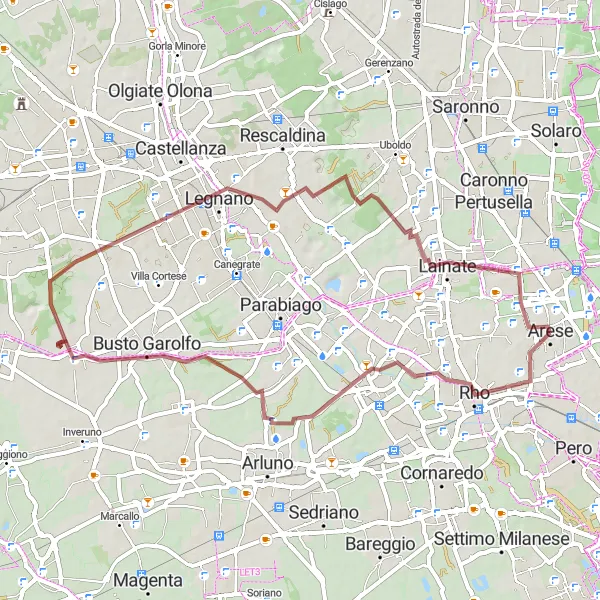 Miniatua del mapa de inspiración ciclista "Ruta de Grava Arese - Pogliano Milanese - Arconate - Cerro Maggiore - Lainate" en Lombardia, Italy. Generado por Tarmacs.app planificador de rutas ciclistas