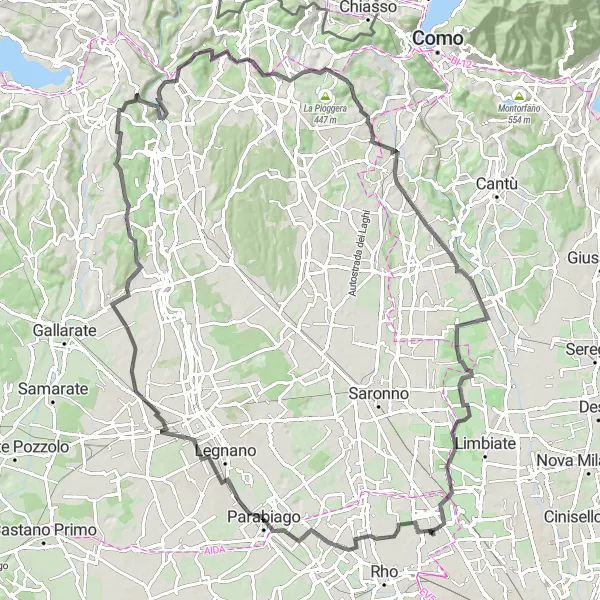 Map miniature of "Arese Canegrate Grand Tour" cycling inspiration in Lombardia, Italy. Generated by Tarmacs.app cycling route planner