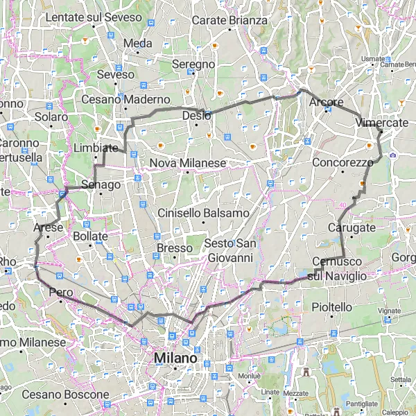 Kartminiatyr av "Rundtur till Pinzano och Agrate Brianza" cykelinspiration i Lombardia, Italy. Genererad av Tarmacs.app cykelruttplanerare