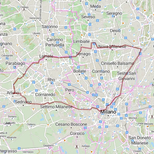Kartminiatyr av "Nerviano till Arluno Grusväg Cykeltur" cykelinspiration i Lombardia, Italy. Genererad av Tarmacs.app cykelruttplanerare