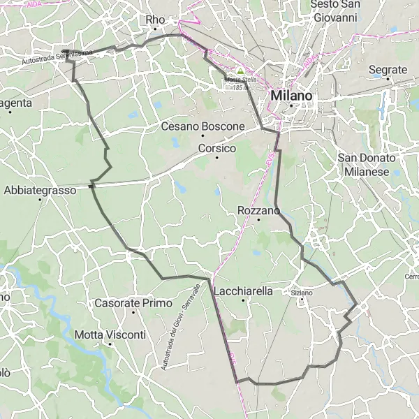 Miniatua del mapa de inspiración ciclista "Ruta de ciclismo de 101 km en carretera desde Arluno" en Lombardia, Italy. Generado por Tarmacs.app planificador de rutas ciclistas