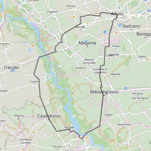 Miniaturní mapa "Krátká okružní cyklotrasa kolem Arluno" inspirace pro cyklisty v oblasti Lombardia, Italy. Vytvořeno pomocí plánovače tras Tarmacs.app
