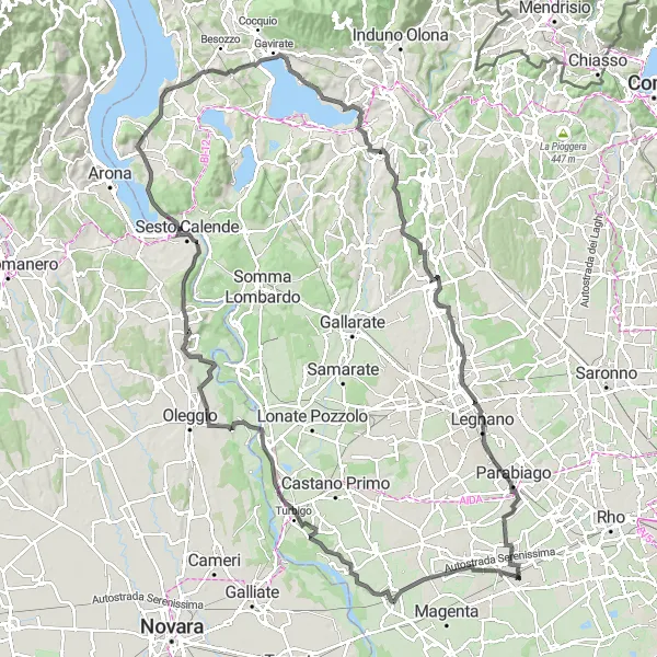 Miniatura della mappa di ispirazione al ciclismo "Giro cicloturistico tra laghi e montagne al confine con la Svizzera" nella regione di Lombardia, Italy. Generata da Tarmacs.app, pianificatore di rotte ciclistiche