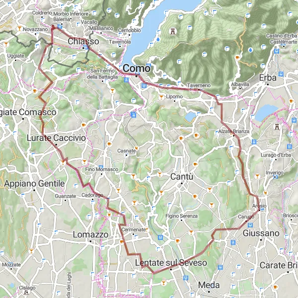 Kartminiatyr av "Äventyrlig grusväg runt Arosio" cykelinspiration i Lombardia, Italy. Genererad av Tarmacs.app cykelruttplanerare