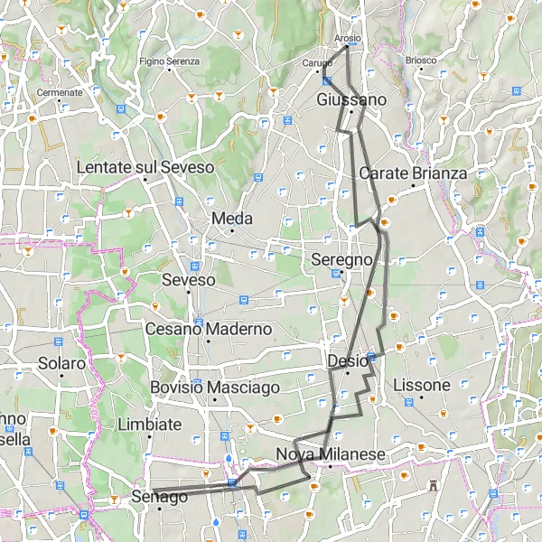 Mapa miniatúra "Pohodlná cesta cez Senago a Giussano" cyklistická inšpirácia v Lombardia, Italy. Vygenerované cyklistickým plánovačom trás Tarmacs.app