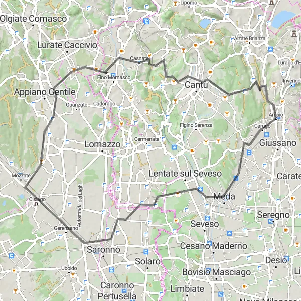 Miniaturní mapa "Okružní cyklistická trasa z blízkosti Arosio" inspirace pro cyklisty v oblasti Lombardia, Italy. Vytvořeno pomocí plánovače tras Tarmacs.app