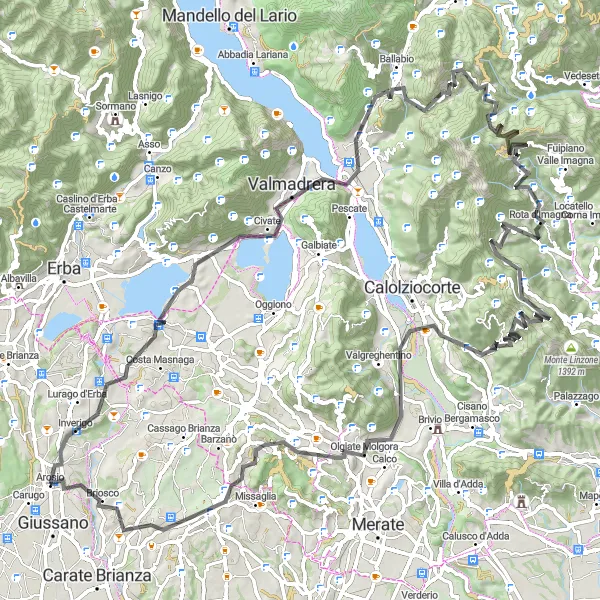 Kartminiatyr av "Lombardia Loop med fjellet Monte Due Mani" sykkelinspirasjon i Lombardia, Italy. Generert av Tarmacs.app sykkelrutoplanlegger