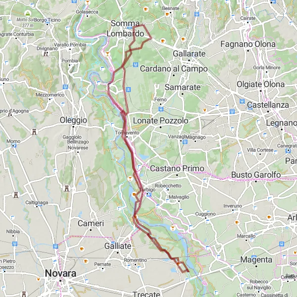 Map miniature of "Casorate Sempione - Vizzola Ticino - Ponte di Oleggio - Turbigo - Tornavento - Mezzana" cycling inspiration in Lombardia, Italy. Generated by Tarmacs.app cycling route planner