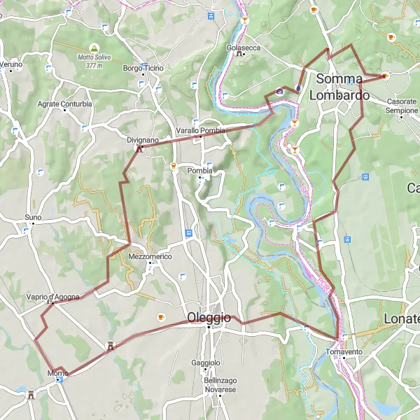 Zemljevid v pomanjšavi "Raziskovanje neokrnjenih poti okoli Arsago Seprio" kolesarske inspiracije v Lombardia, Italy. Generirano z načrtovalcem kolesarskih poti Tarmacs.app