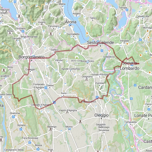 Map miniature of "Monte Belvedere - Marano Ticino - Suno - Borgomanero - Necropoli della Cultura di Golasecca - Monte Gagliasco - Arsago Seprio" cycling inspiration in Lombardia, Italy. Generated by Tarmacs.app cycling route planner
